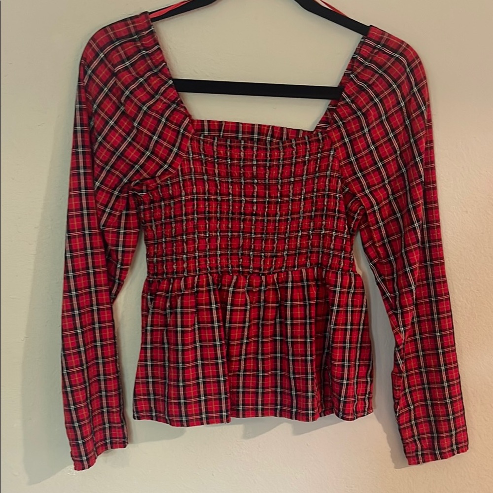 Old Navy Red Plaid Smocked Blouse